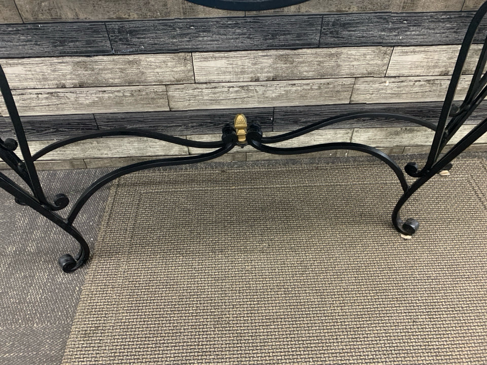 BLACK WROUGHT IRON BLACK MARBLE TOP CONSOLE TABLE.