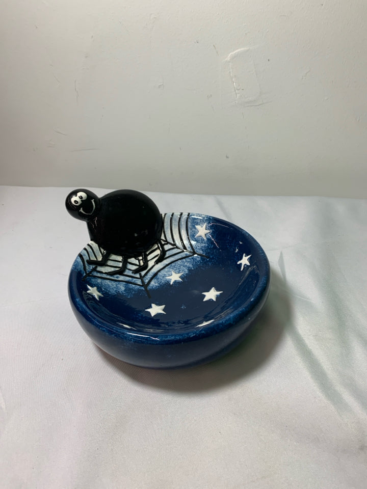 BLACK SPIDER BLUE CANDY DISH.