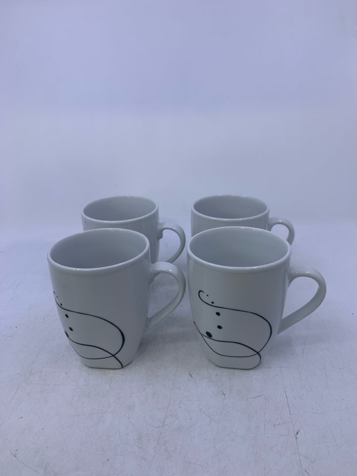 4 WHITE MUGS W/ BLACK DESIGNS.
