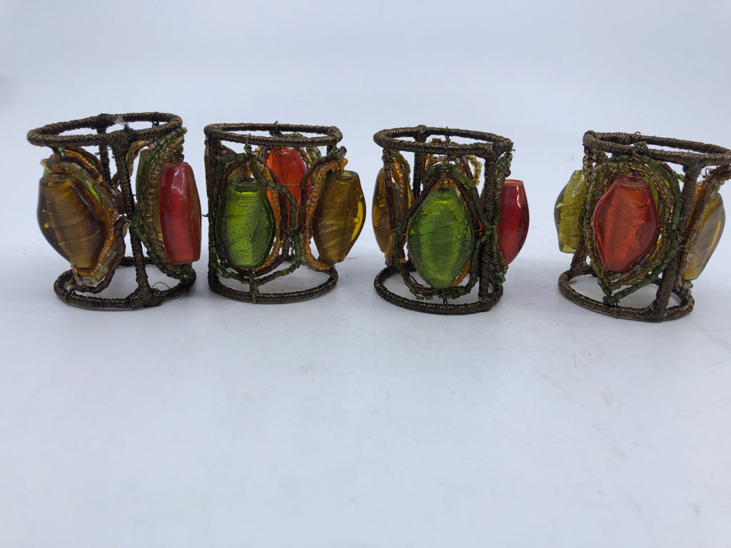 4 BROWN BEADED CYLINDER NAPKIN RING HOLDER.