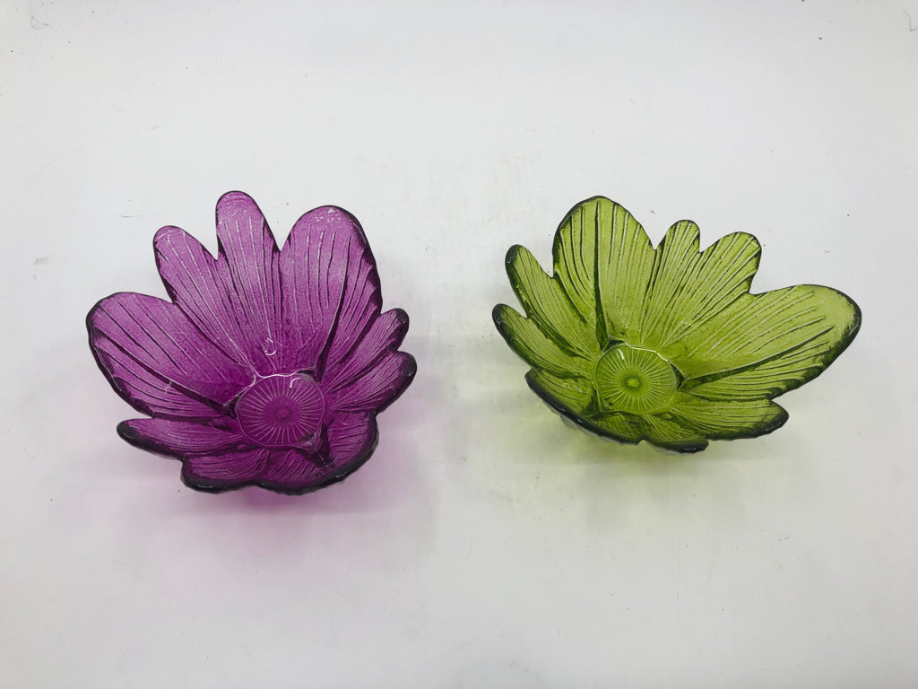 2 FLORAL FOOTED PURPLE AND GREEN NUT BOWLS.