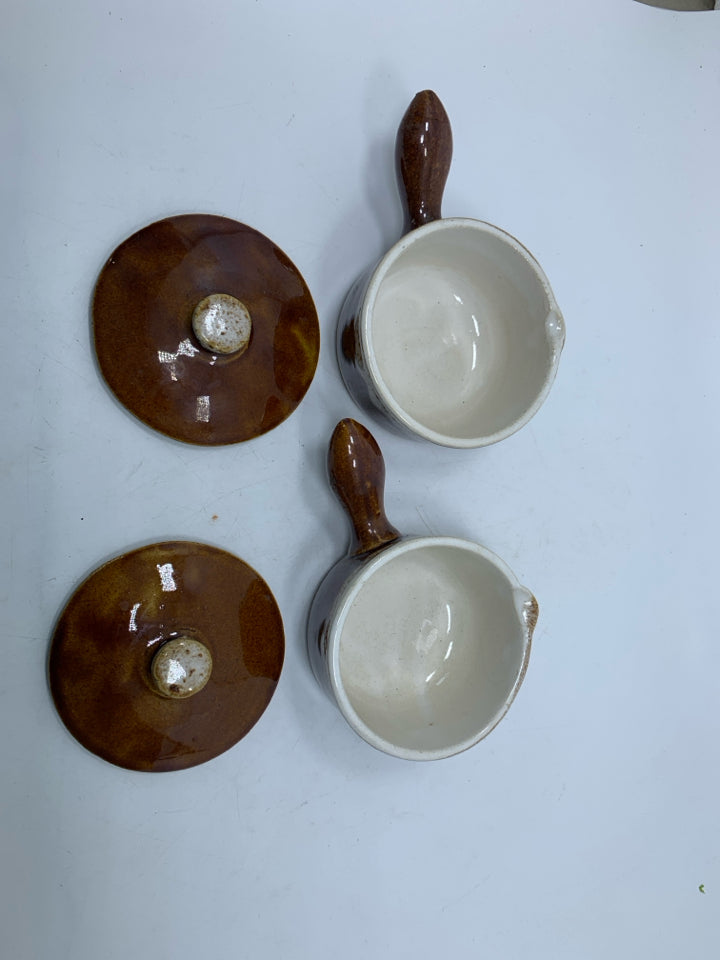 2 LIGHT BROWN DRIP SINGLE FRENCH ONION SOUP CROCKS HANDLES/LIDS.