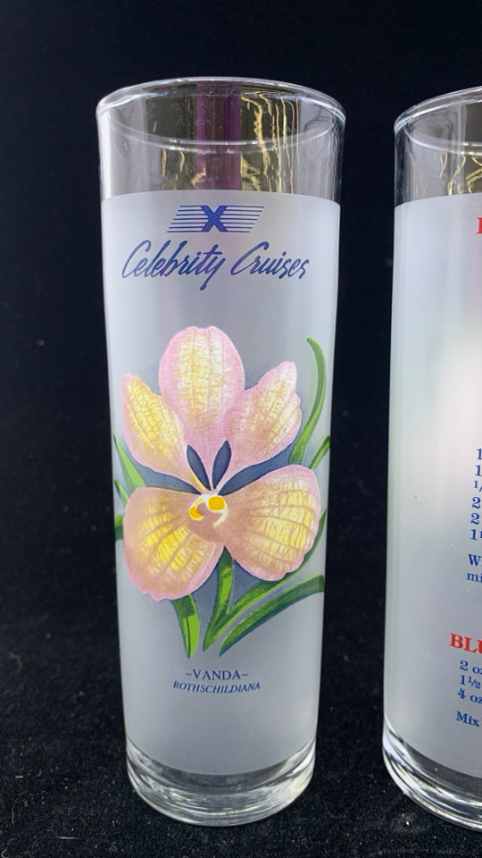 2 FLOWER FROSTED HIGHBALL GLASSES W/DRINK RECIPES.