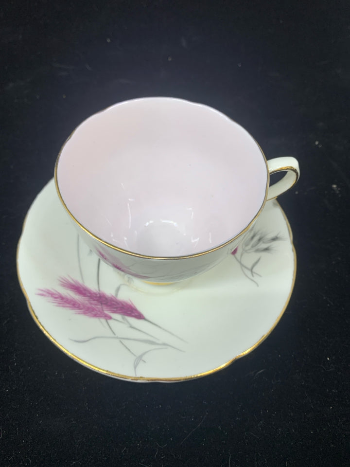VTG WHITE W/ PINK+BLACK WHEAT & GOLD TRIM DESIGN TEA CUP & SAUCER.