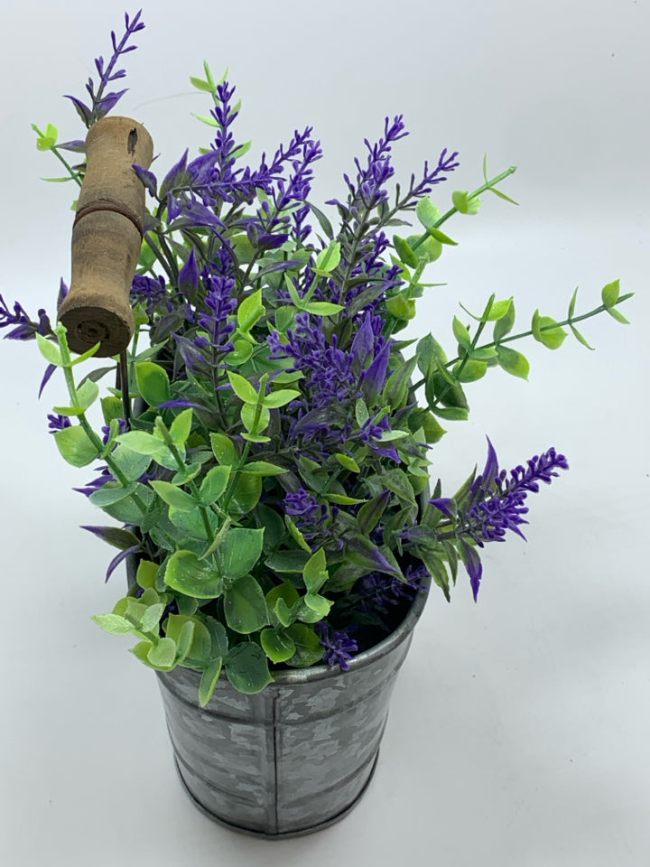 FAUX LAVENDER IN GALVANIZED BUCKET.