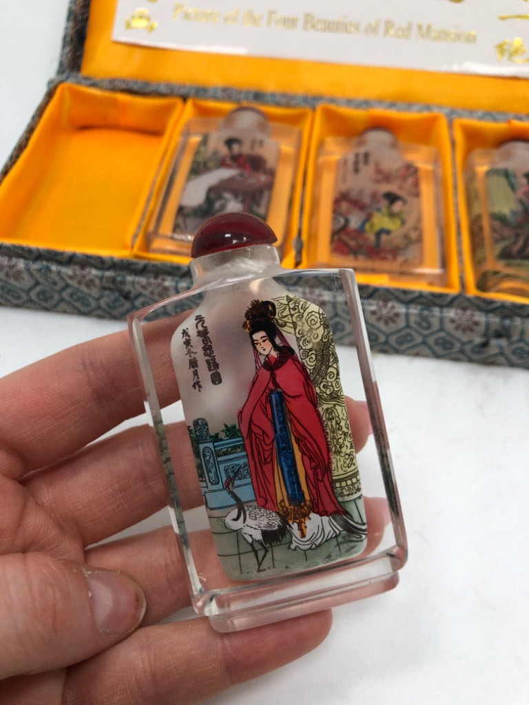 4 BEAUTIES OF RED MANSION CHINESE PAINTED EMPTY BOTTLES IN BOX.