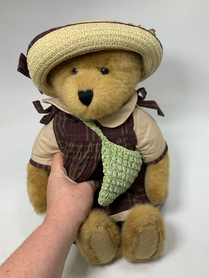 BLONDE BOYDS BEAR IN DARK PLAID DRESS/STRAW HAT.