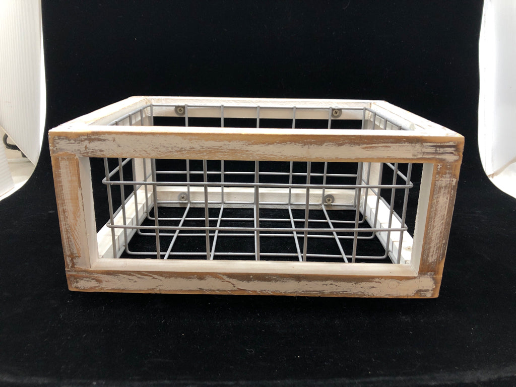WOOD FRAME GREY METAL STORAGE BIN.