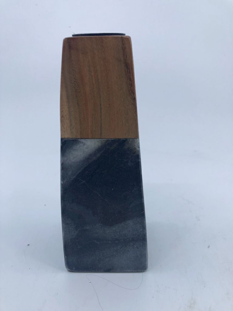 HEAVY BLACK MARBLE WOOD TOP CANDLE HOLDER.