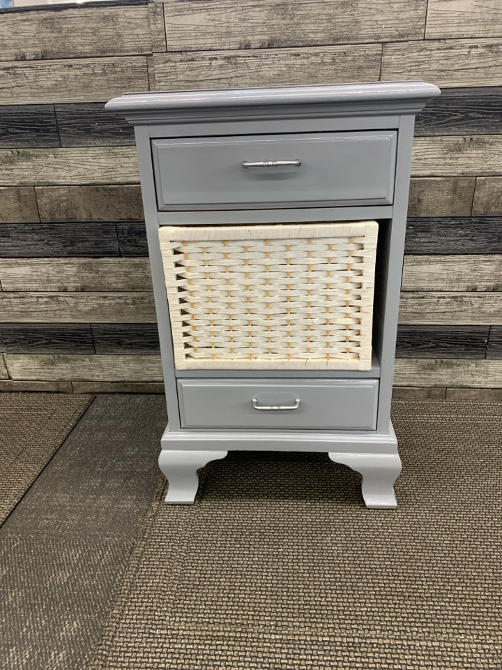 FOOTED GREY PAINTED NIGHT STAND W 2 DRAWERS AND WHITE BASKET.