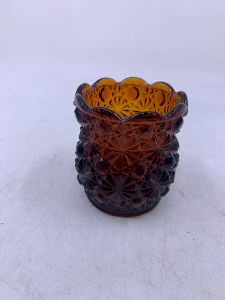 DARK BROWN TEXTURED GLASS TEA LIGHT HOLDER SCALLOP EDGE.