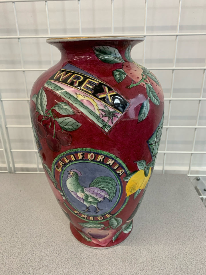 RED ROOSTER VASE W/FRUITS.