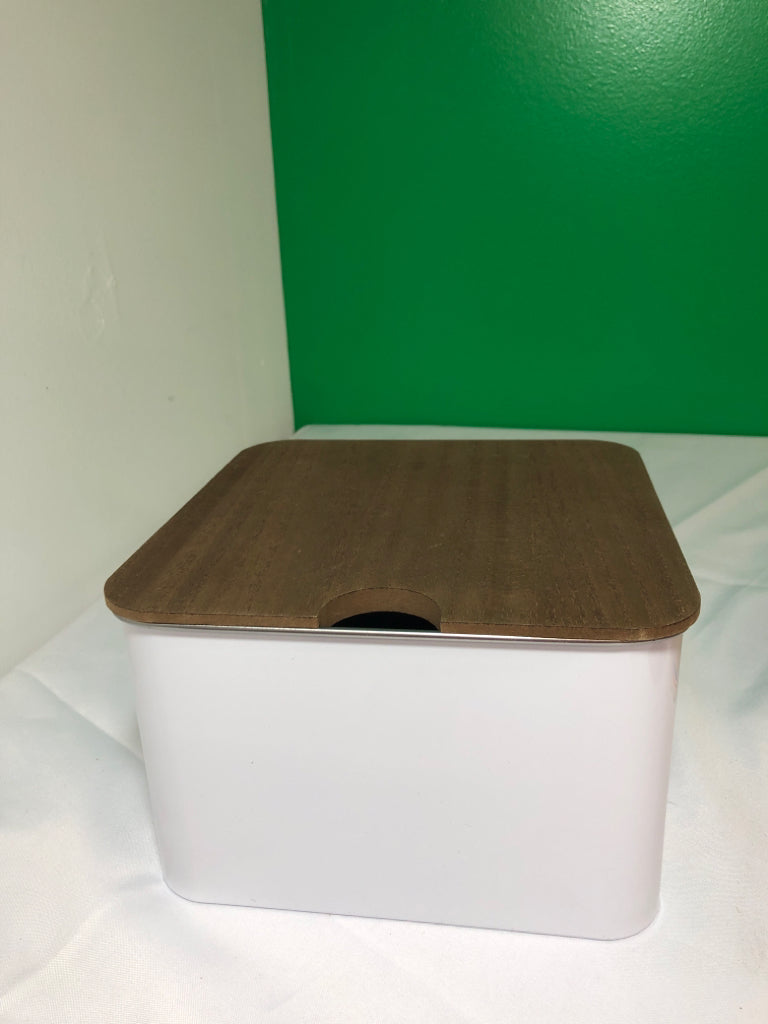WHITE ENAMEL METAL CANISTER W WOOD LID.