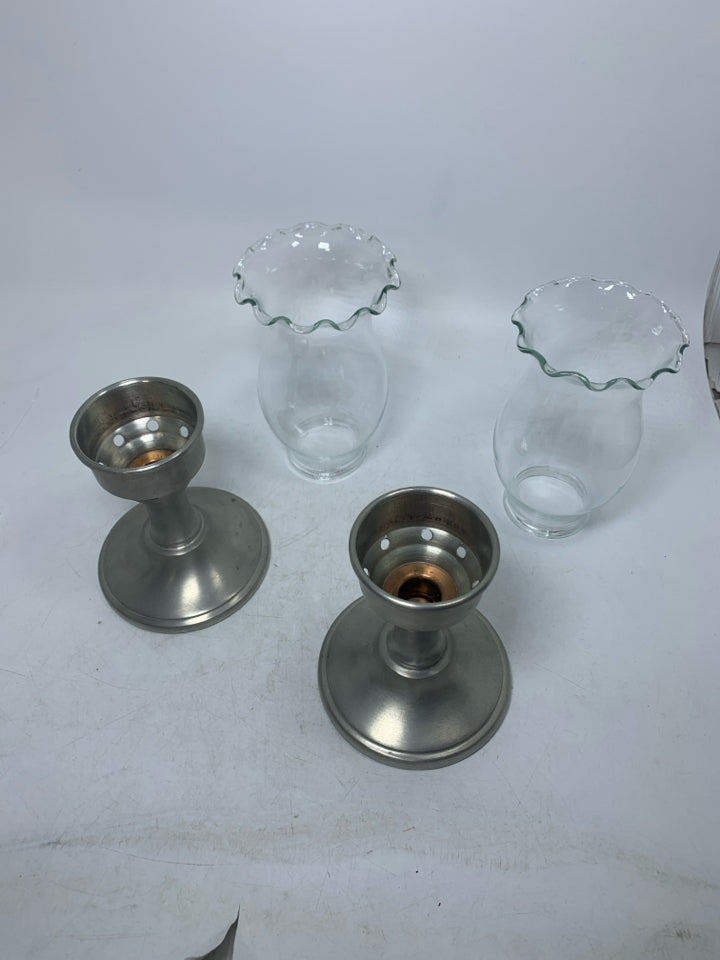 4 PC PEWTER BASE W/ GLASS INSERTS TAPERED CANDLE HOLDERS.