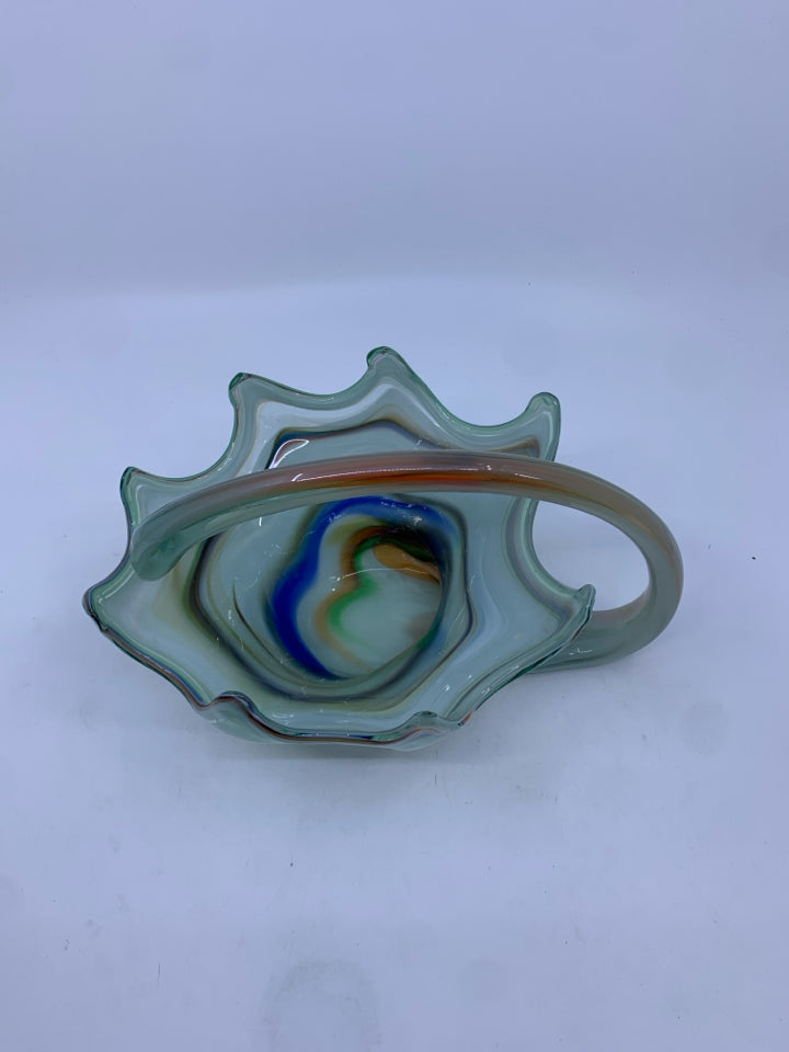 BLOWN GLASS MINT GREEN W/ MULTI COLORED DETAIL HORN SHAPE BASKET.