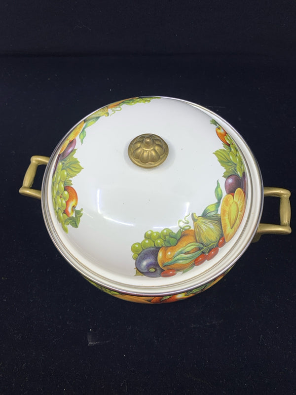 VINTAGE ENAMEL WARE ROUND DUTCH OVEN WITH FRUITS.
