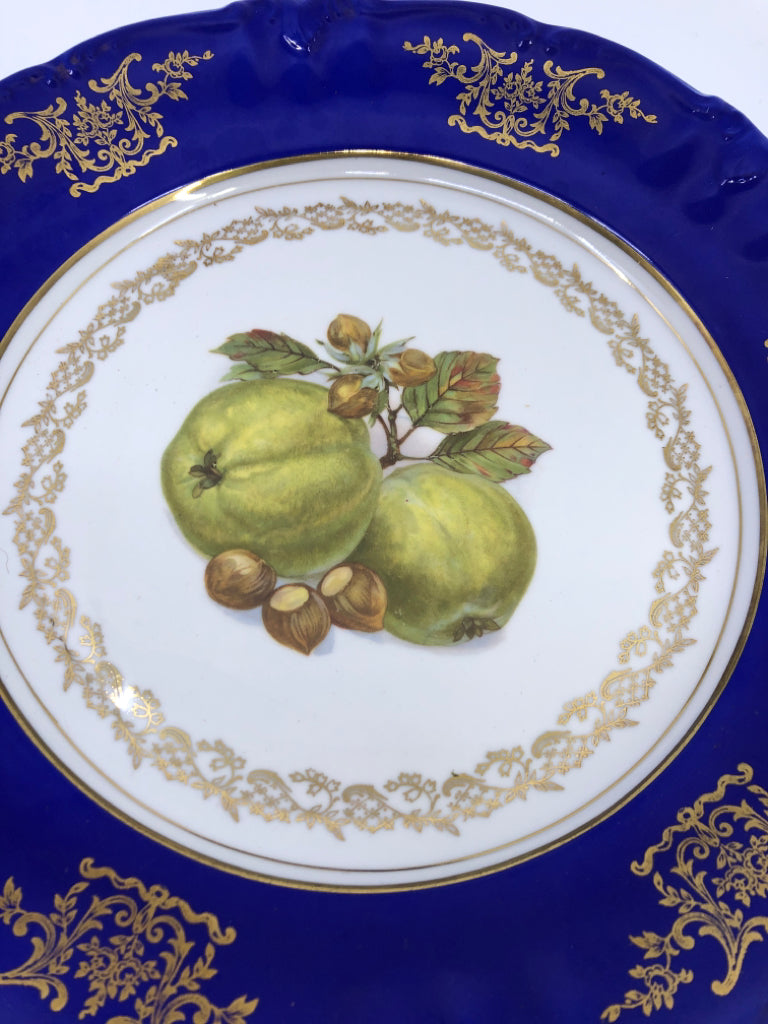 BLUE & GOLD RIM PLATE W FRUIT.