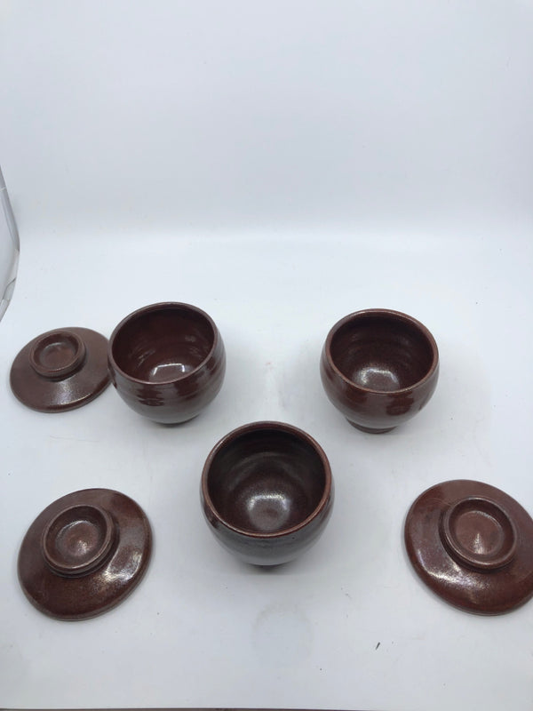 3 BROWN POTS W LIDS.