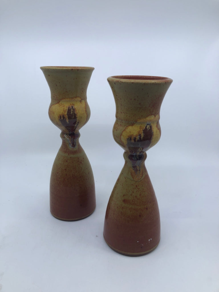 2 POTTERY CANDLE HOLDERS- SIGNED.