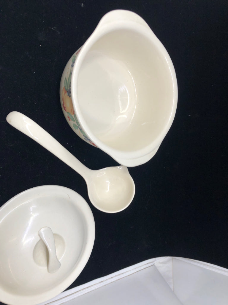 FRUIT STONEWARE TUREEN WITH LADLE.