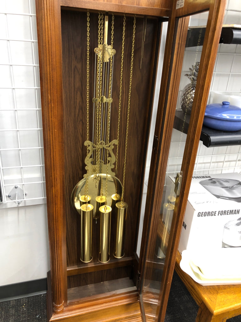 RIDGEWAY GLOBE DESIGN NARROW WOODEN GRANDFATHER CLOCK.