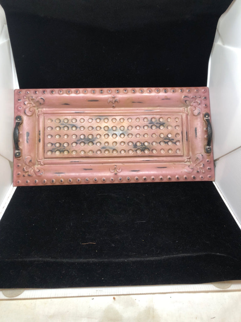 RUSTIC PRESSED METAL TRAY W/HANDLES.