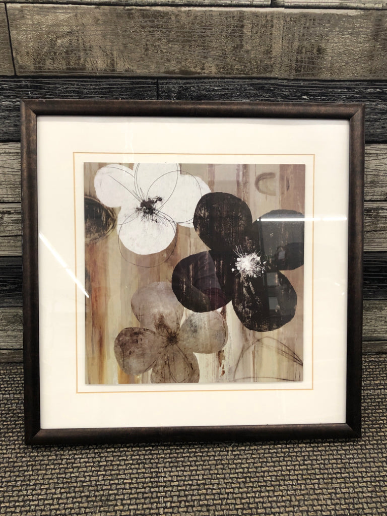 BLACK, WHITE, GREY FLOWERS FRAMED PRINT.