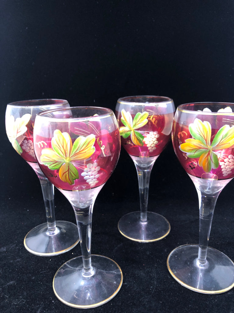 4 CRANBERRY FLORAL PAINTED WINE GLASSES.