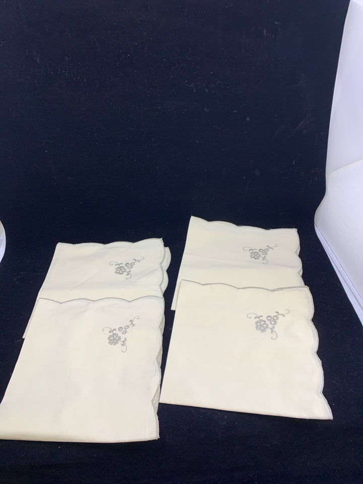4 VTG EMBROIDERED NAPKINS W GREY FLOWER.