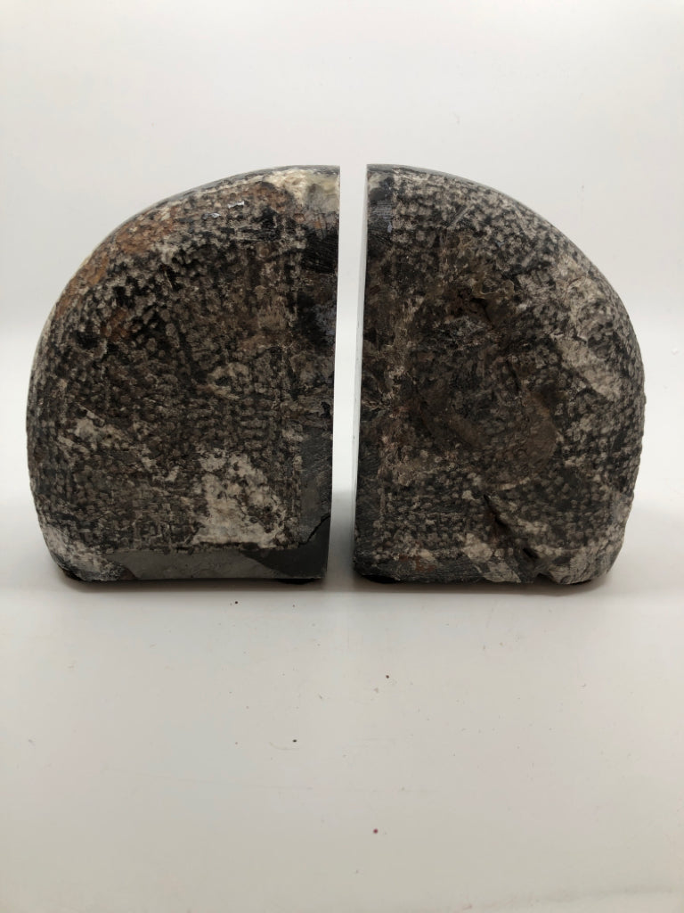 2 HEAVY CARVED STONE BOOK ENDS.