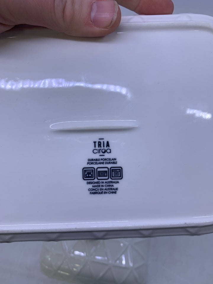 LARGE WHITE TEXTURED LID BUTTER DISH PORCELAIN.