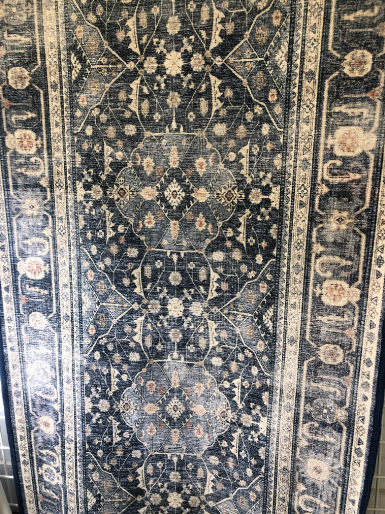 BLUE AND WHITE RUG RUNNER.