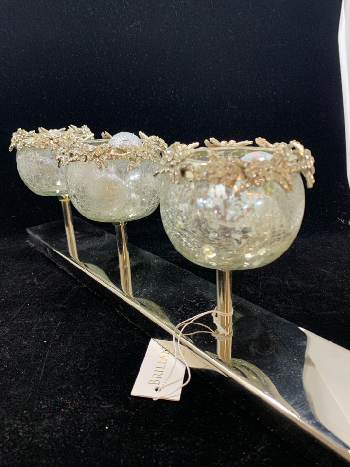 SPARKLY MANTEL CANDLE HOLDERS W/ORNAMENTS.