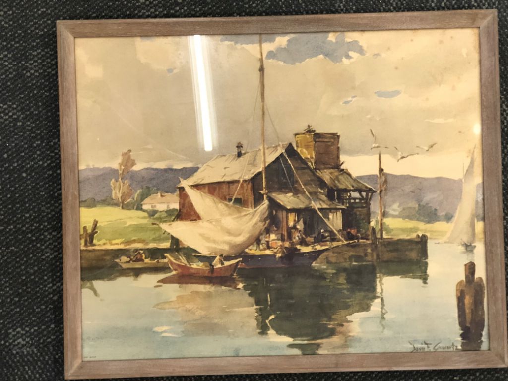 VTG FISHERMAN'S CABIN REPRODUCTION FRAMED PRINT- DAVIS F SCHWARTZ.