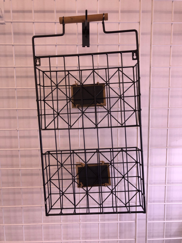 BLACK METAL WALL HANGING PAPER ORGANIZER W CHALK BOARD LABEL.