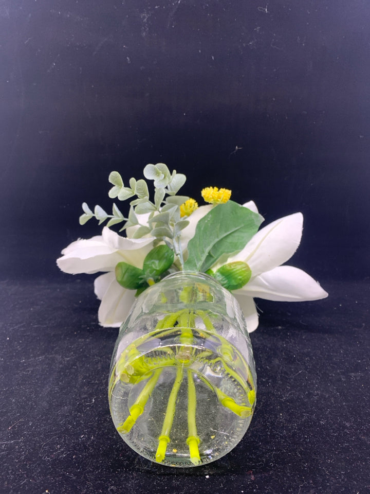 MASON JAR W/2 FAUX WHITE FLOWERS IN FAUX WATER.