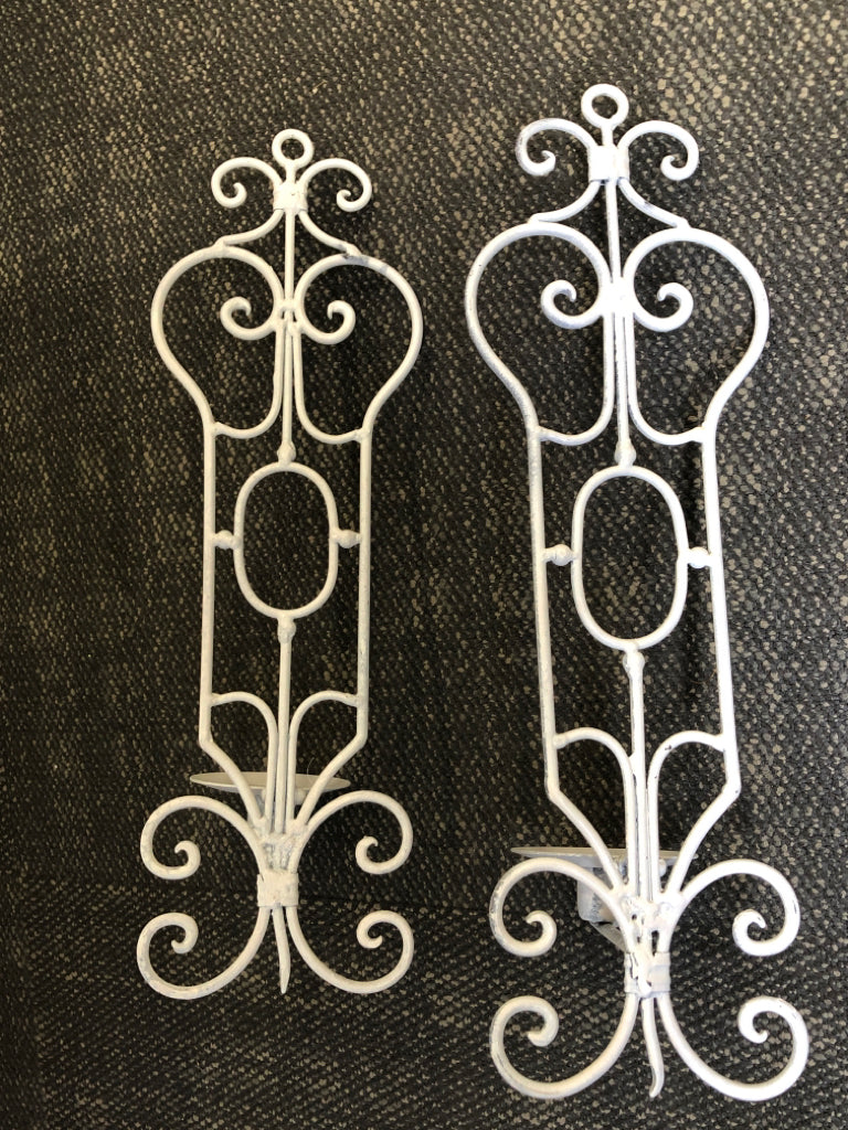 2 METAL WHITE PAINTED SCROLL DESIGN TAPERED CANDLE WALL SCONCE.