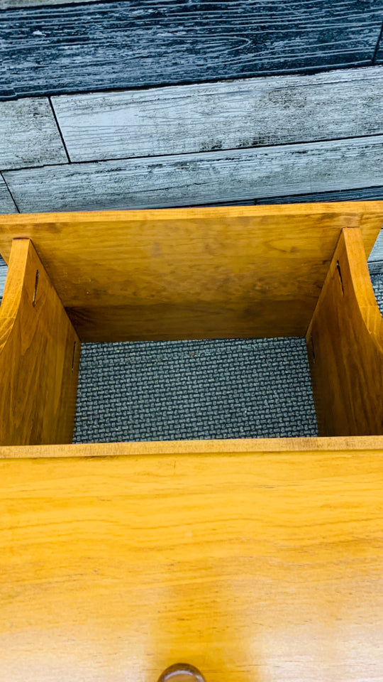 WOOD SIDE TABLE W SHELF AND DRAWER.