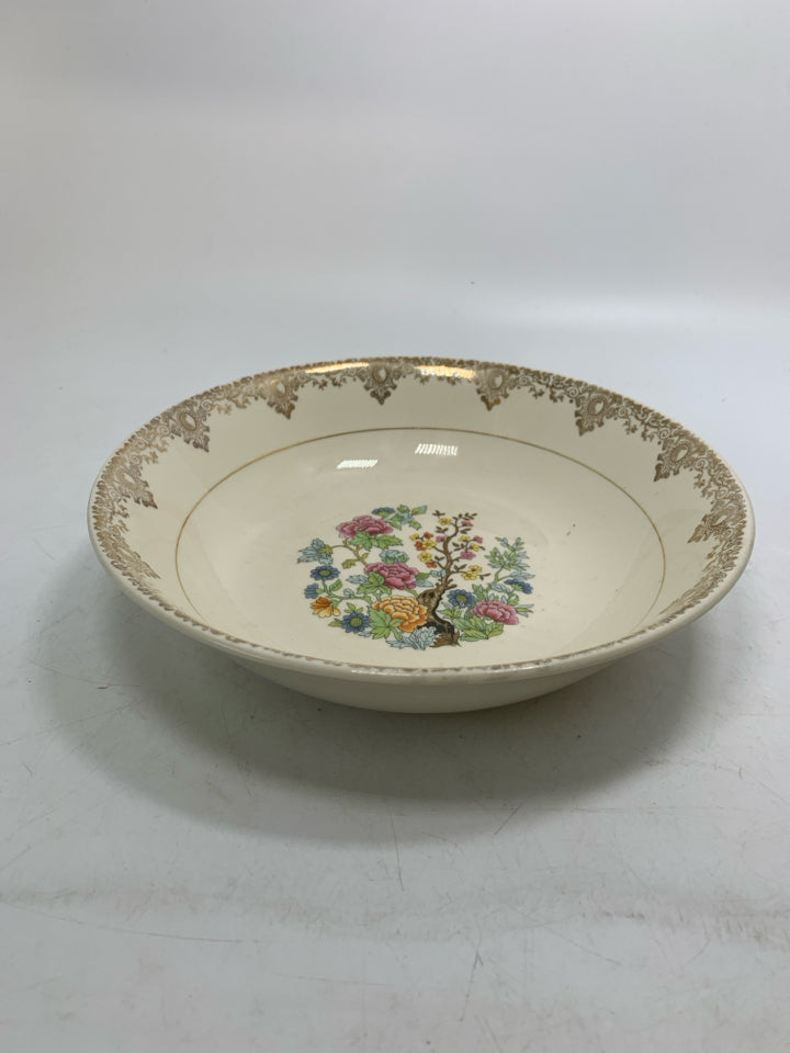 VTG SERVING BOWL W/ TREE COLORFUL FLOWERS IN CENTER GOLD DETAILED EDGE.