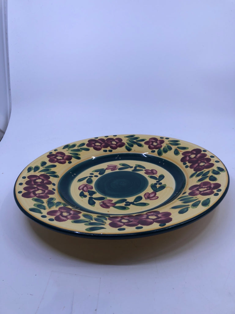 PURPLE FLOWER PAINTED PLATE- YELLOW AND TEAL.