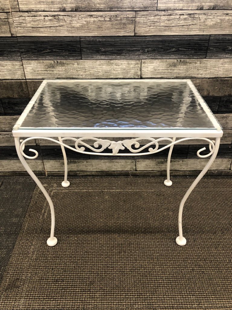 GLASS TOP WHITE METAL BASE RECTANGLE OUTDOOR TABLE.