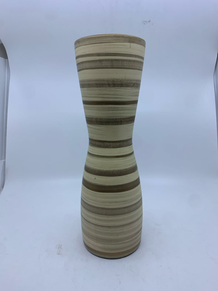 CREAM W DARK STRIPE HOURGLASS SHAPED VASE.