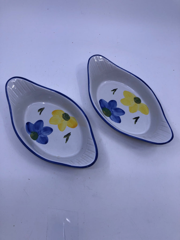 2 YELLOW + BLUE FLOWERS BAKING AU GRATIN DISHES.