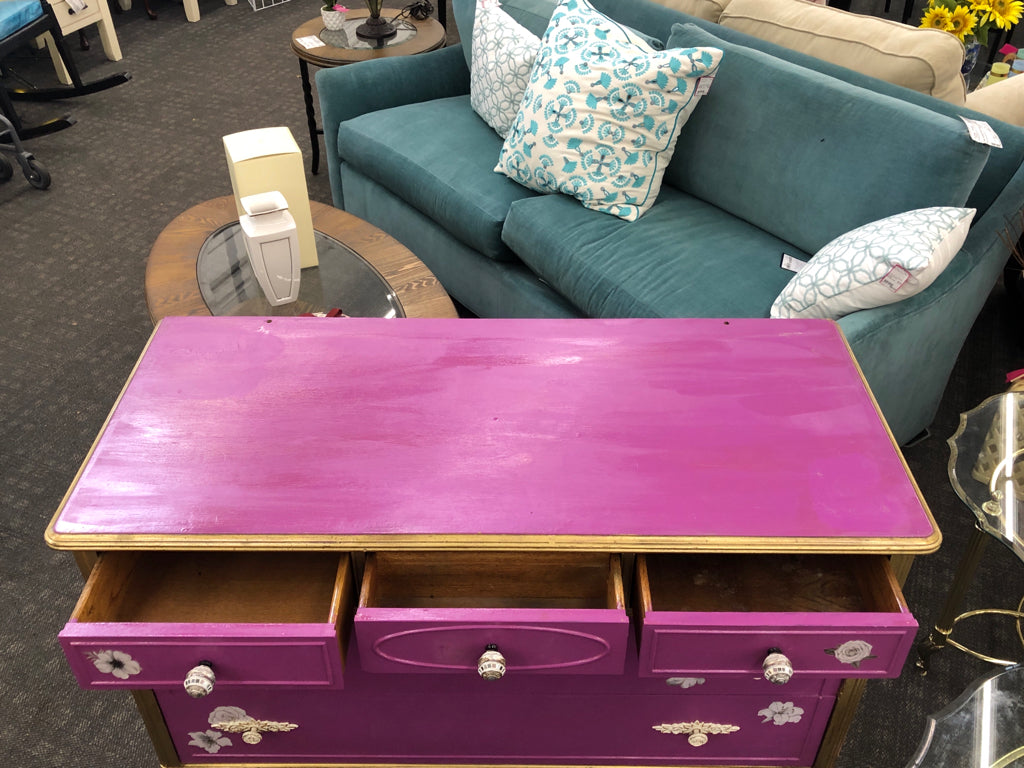 GOLD & PINK DRESSER 5 DRAWERS JEWELED KNOBS PRINTED FLOWERS.