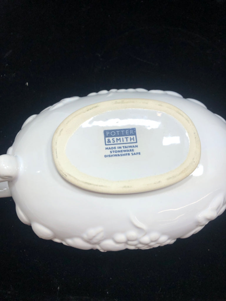FRUIT EMBOSSED WHITE GRAVY BOAT.