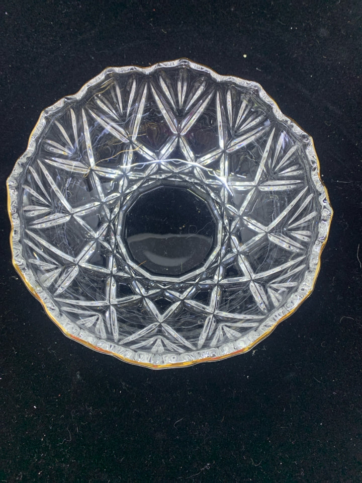 GOLD RIMMED CUT GLASS DISH.