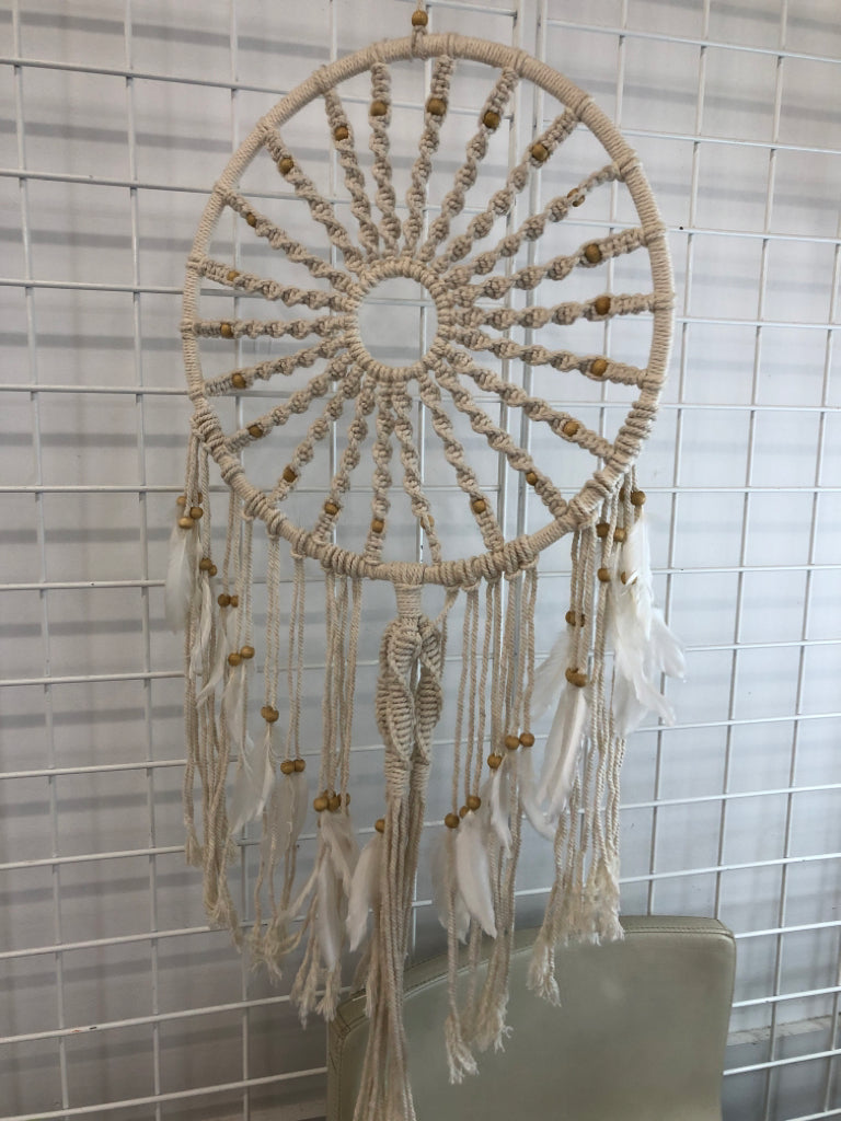 WHITE DREAM CATCHER W/ FEATHERS & BEADS.