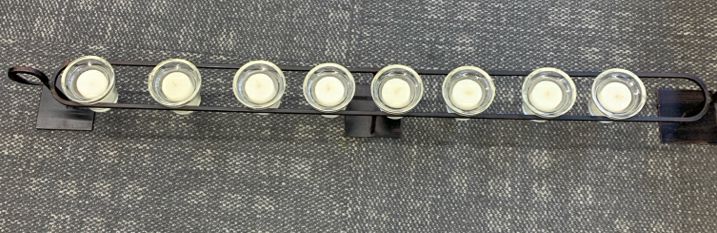 BROWN METAL CANDLE HOLDER W/VOTIVES & CANDLES.