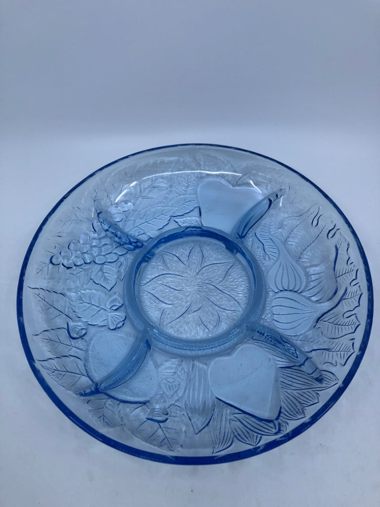 BLUE GLASS FLORAL CHIP & DIP DIVIDED BOWL.