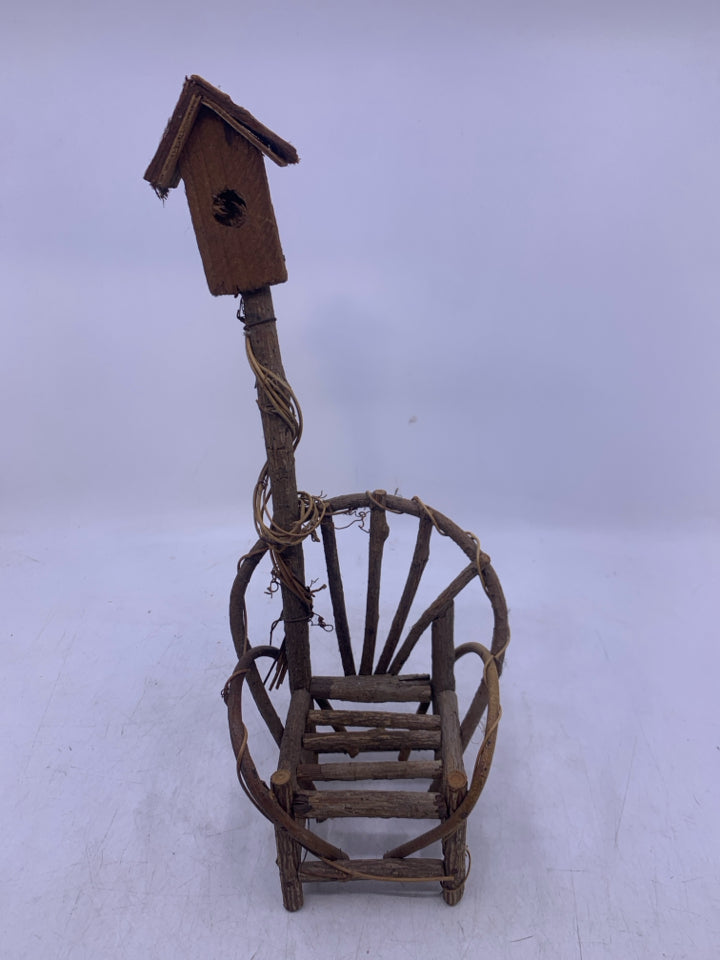 SMALL STICK CHAIR W/ BIRD HOUSE.